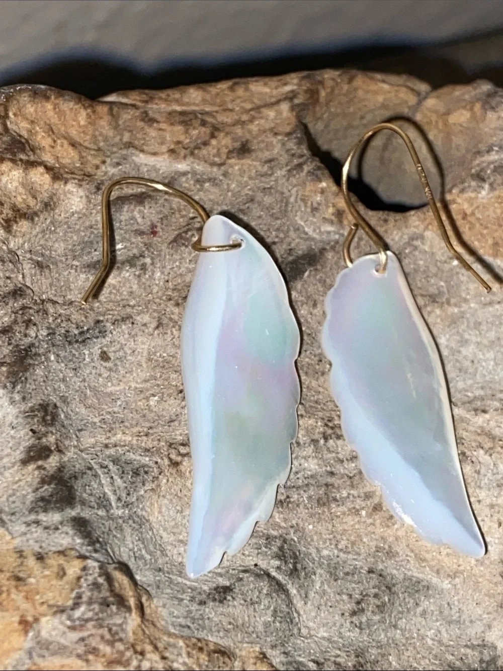 Vintage Carved Mother of Pearl Iridescent White Wings Drop French Hook Earring